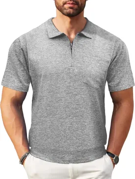 Zipper Polo Shirts for Men Casual Short Sleeve Polo T-Shirt Classic Fit Golf Shirts