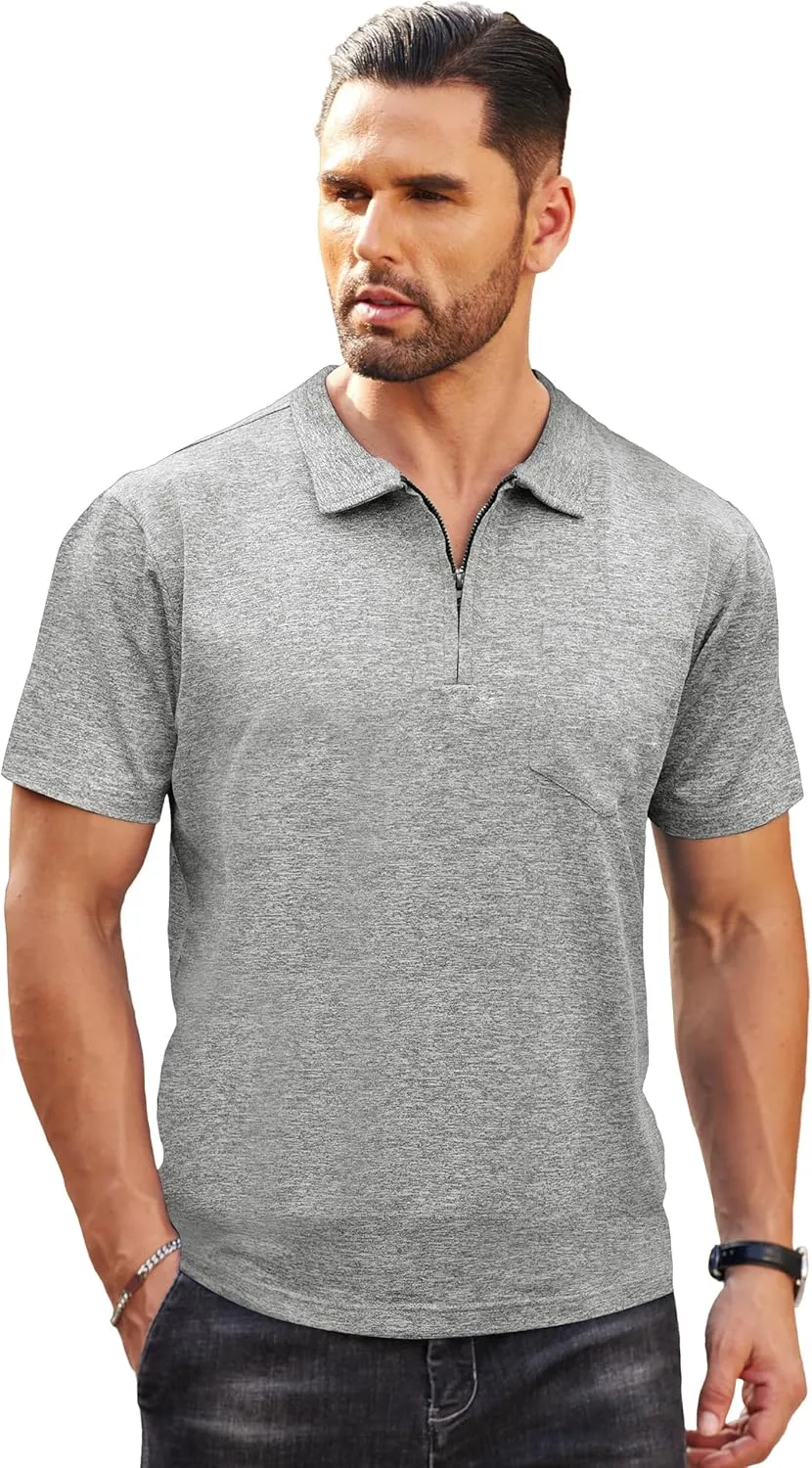 Zipper Polo Shirts for Men Casual Short Sleeve Polo T-Shirt Classic Fit Golf Shirts